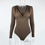 Solid Color Pleated Long Sleeve Bodysuit GZJF-ZJ12011