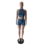 Halterneck Backless Tops And Shorts Denim Suit MEM-88631