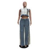 Casual Webbing Loose Spliced Denim Wide Leg Pants Set TR-1323