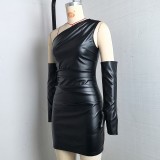 Slash Neck PU Leather Mini Dress GPBY-17189