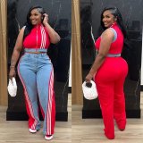 Casual Webbing Loose Spliced Denim Wide Leg Pants Set TR-1323