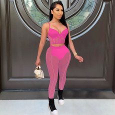 Sexy Mesh Patchwork Two Piece Pants Set FOSF-8807