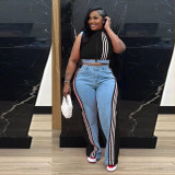 Casual Webbing Loose Spliced Denim Wide Leg Pants Set TR-1323