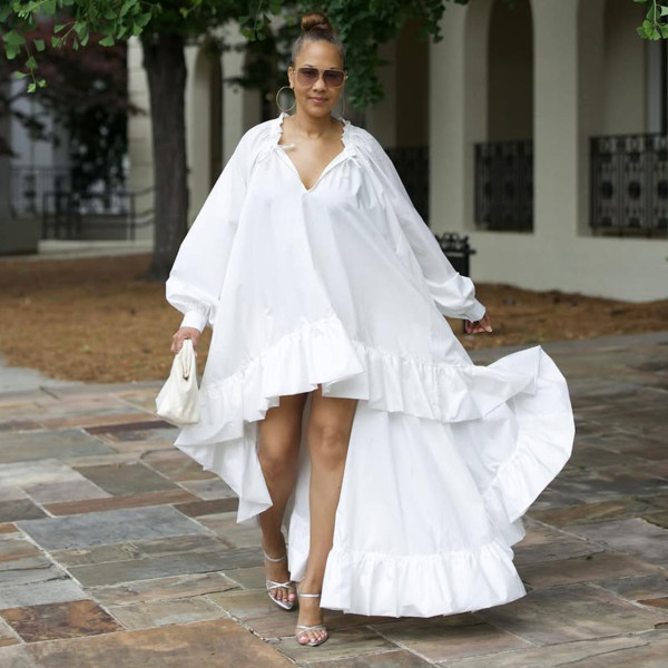 Plus Size Loose Front Short Back Length Lantern Sleeve Long Dress NY-11017