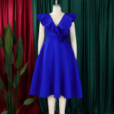 Plus Size V Neck Ruffles Big Swing Midi Dress GATE-565