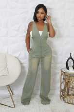 Washed Denim Halter Wide Leg Jumpsuit  LX-6993