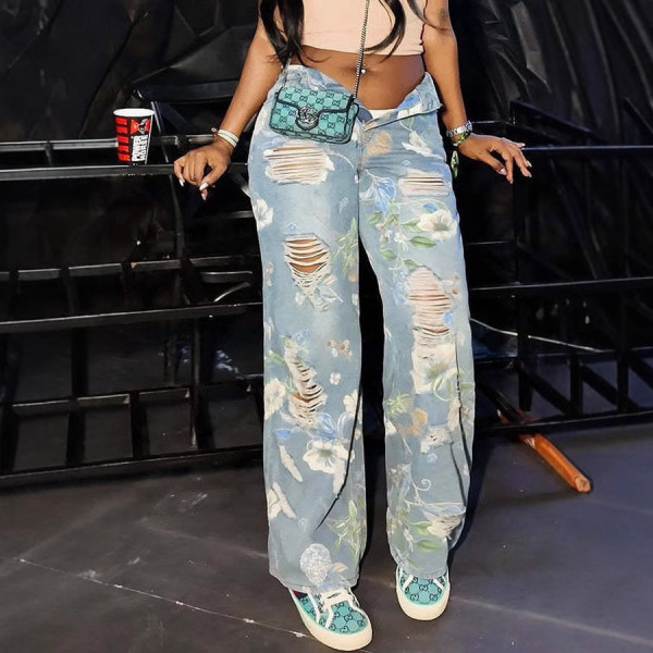 Floral Graffiti Print Holes Loose Jeans GSMJ-6981