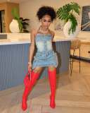 Off Shoulder Wrap Chest Denim Skirts Suit YMEF-53015