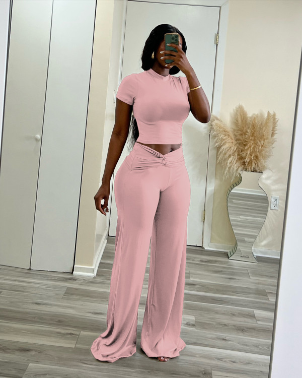 Solid Color Short Sleeve Tops Wide Leg Pants Suit QXLB-10129