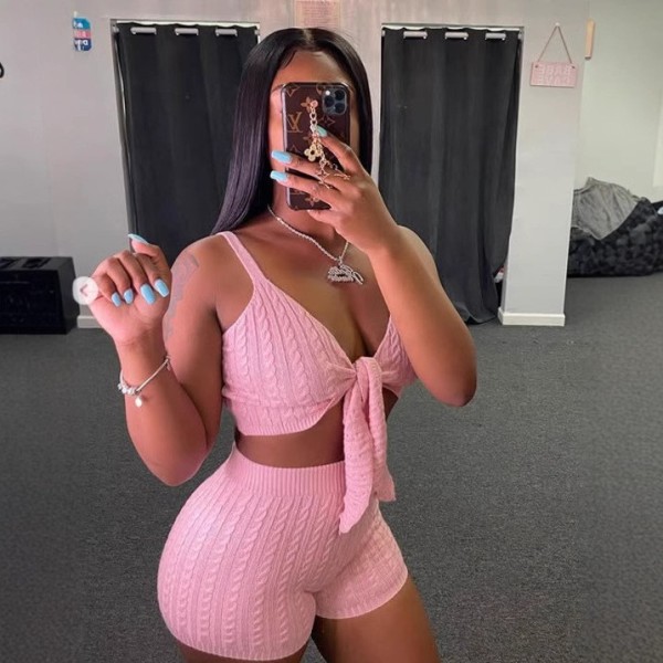 Solid Color Sexy Knits Sling Two Piece Shorts Set GCNF-0232