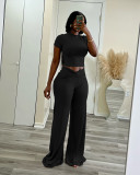 Solid Color Short Sleeve Tops Wide Leg Pants Suit QXLB-10129