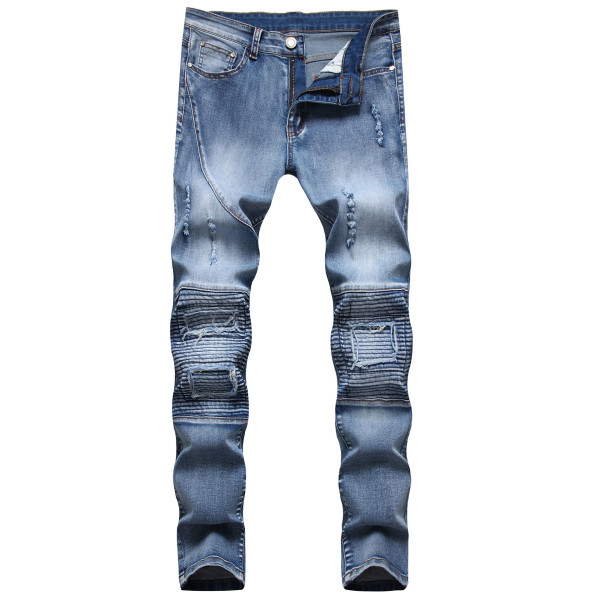 Men's Fashion Zipper Pleated Holes Straight Jeans GBBF-706