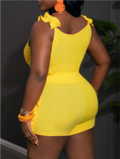 Ruffle V Neck Backless Two Piece Shorts Set MDF-5652