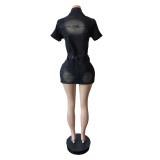Fashion Denim Short Sleeve Mini Dress MEM-88635