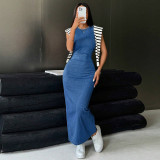 Sleeveless O Neck Denim Maxi Dress GDAM-218585