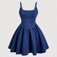 Solid Color Denim Sling Mini Dress GDAM-218588