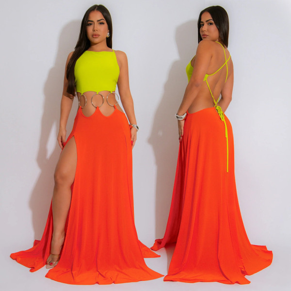 Sexy Tie Up Backless Split Maxi Dress CYA-901739