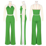 Contrast Color V Neck Zipper Two Piece Pants Set ASL-6787