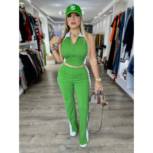 Contrast Color V Neck Zipper Two Piece Pants Set ASL-6787