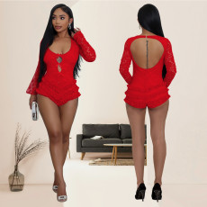 Flare Sleeve Backless Lace Romper BY-7245