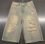 Loose Retro Holes Straight Fifth Jeans GSMJ-6996