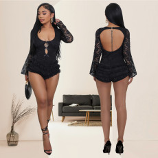 Flare Sleeve Backless Lace Romper BY-7245