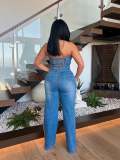 One Shoulder Washed Denim Wide Leg Jumpsuit GKNF-6995