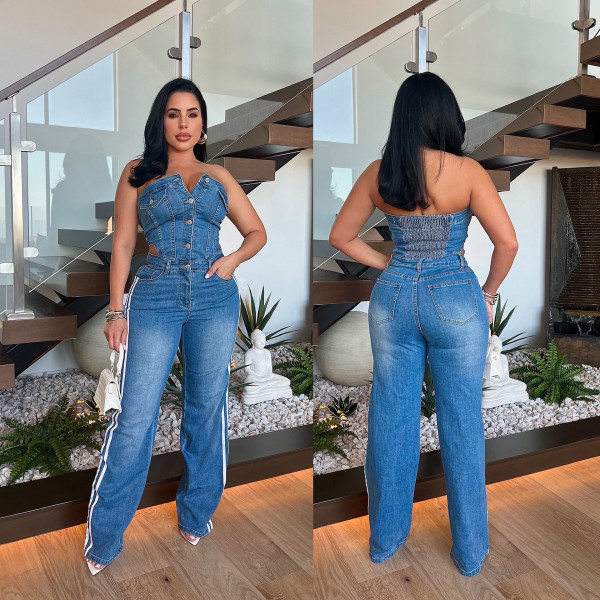 One Shoulder Washed Denim Wide Leg Jumpsuit GKNF-6995
