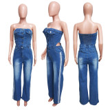 One Shoulder Washed Denim Wide Leg Jumpsuit GKNF-6995
