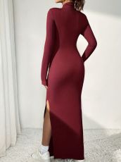 Long Sleeve Solid Color Split Maxi Dress GRNH-M23DS504