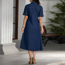 Short Sleeve Lapel Denim Midi Dress GDAM-218665