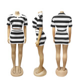 Stripe Contrast Color Crop Tops And Skirt Suit SFY-683