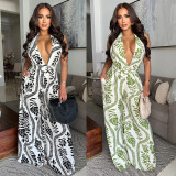 Deep V Neck Backless Print Jumpsuit BY-7310