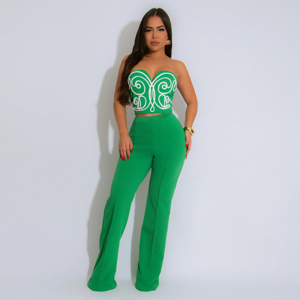 Solid Color Print Wrap Chest Loose Pants Suit CYA-901745