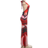 Contrast Color Print Backless Maxi Dress DLSF-K25D63123