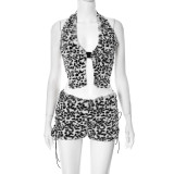 Leopard Print Hollow Out Backless Two Piece Skirts Set GDSF-Q25ST091