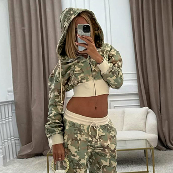 Print Cardigan Hooded Coat And Pants Suit GLJS-B8306