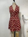 Polka Dot Print Halterneck Backless Midi Dress GLJS-B8300