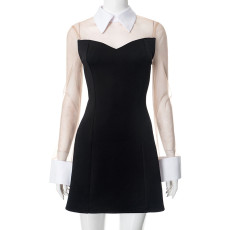 Mesh Patchwork Lapel Mini Dress GSZM-K25DS022