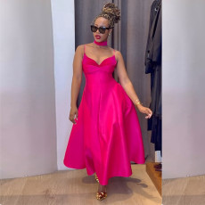 V-neck Solid A-line Big Swing Maxi Dress GCNE-HK7842