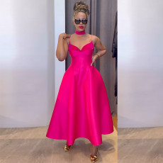 V-neck Solid A-line Big Swing Maxi Dress GCNE-HK7842