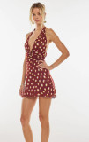 Polka Dot Print Halterneck Backless Midi Dress GLJS-B8300