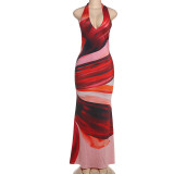 Contrast Color Print Backless Maxi Dress DLSF-K25D63123
