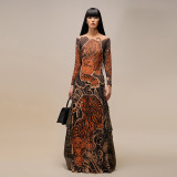 Print Mesh Long Sleeve Split Maxi Dress DLSF-K24L62342