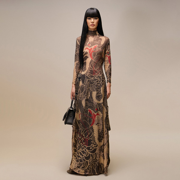 Half High Neck Print Long Sleeve High Split Long Tops DLSF-K24L62340