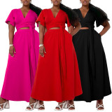 Plus Size Solid Color Flare Sleeve Split Skirt 2 Piece Set  NNWF-8078
