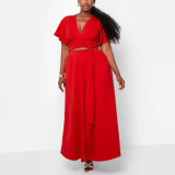 Plus Size Solid Color Flare Sleeve Split Skirt 2 Piece Set  NNWF-8078