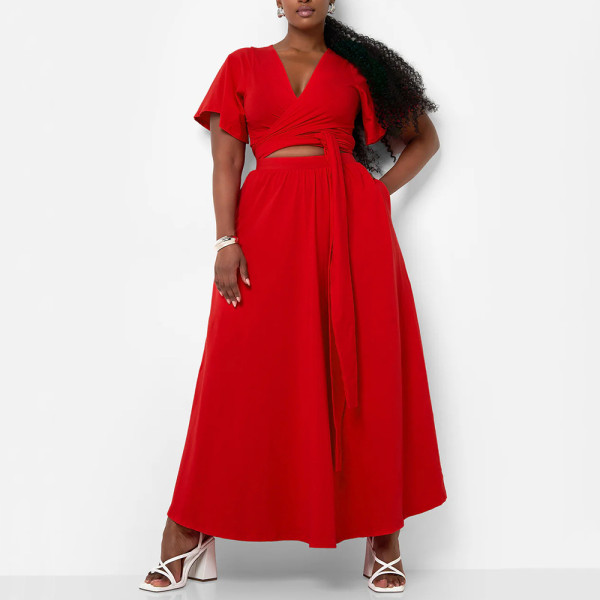 Plus Size Solid Color Flare Sleeve Split Skirt 2 Piece Set  NNWF-8078