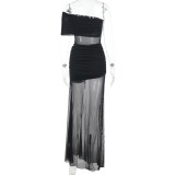 Mesh Patchwork Single Shoulder Maxi Dress FL-JY25043DGO