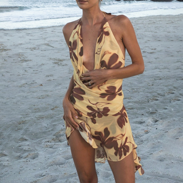 Pocket Neck Halter Backless Printed Dress FL-YJ25031MHO